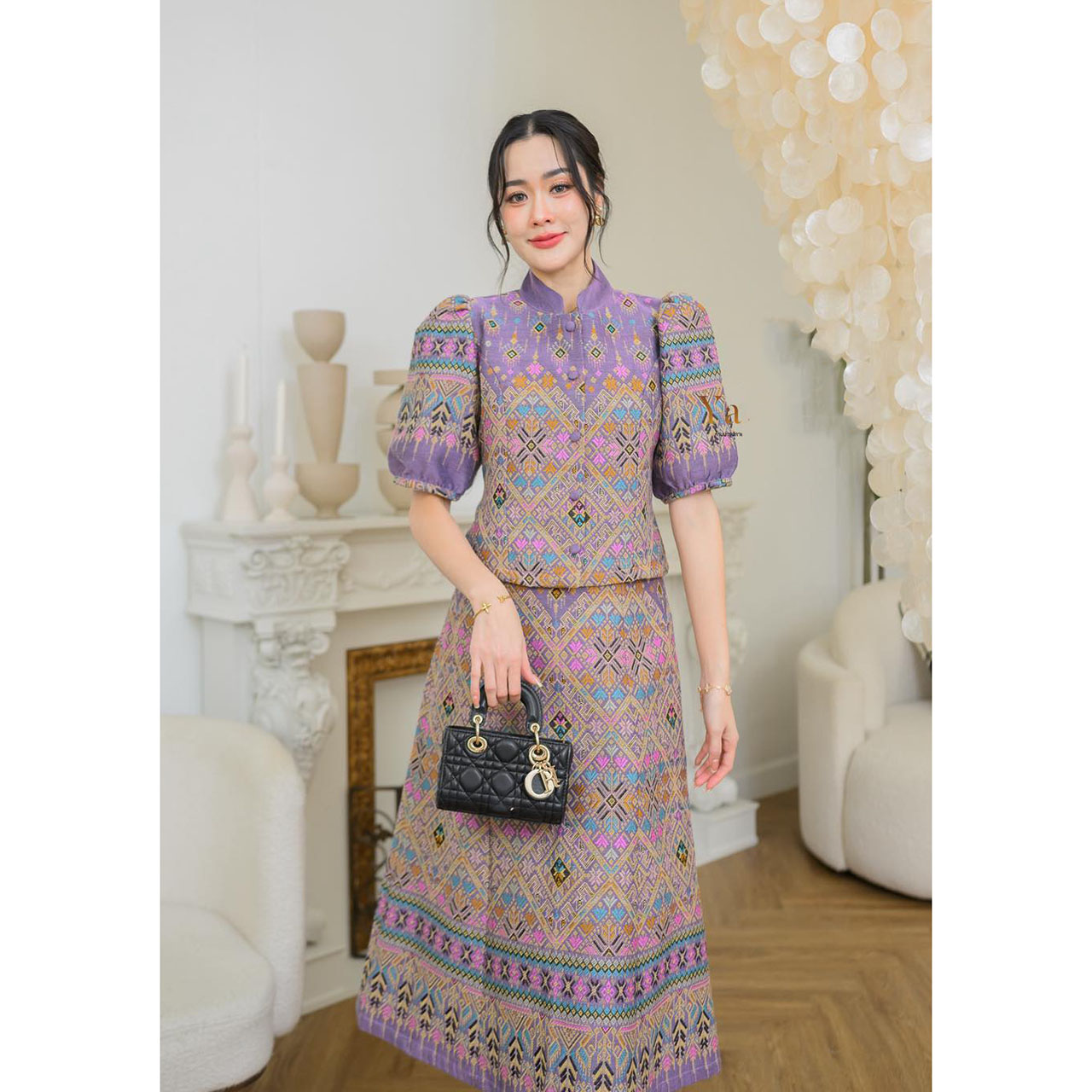 kudapy เซ็ทผ้าฝ้ายทอลายกาฬสินธุ์สีม่วง คอจีน กระดุมหน้า มาพร้อมกับกระโปรงทรงเอสุภาพ