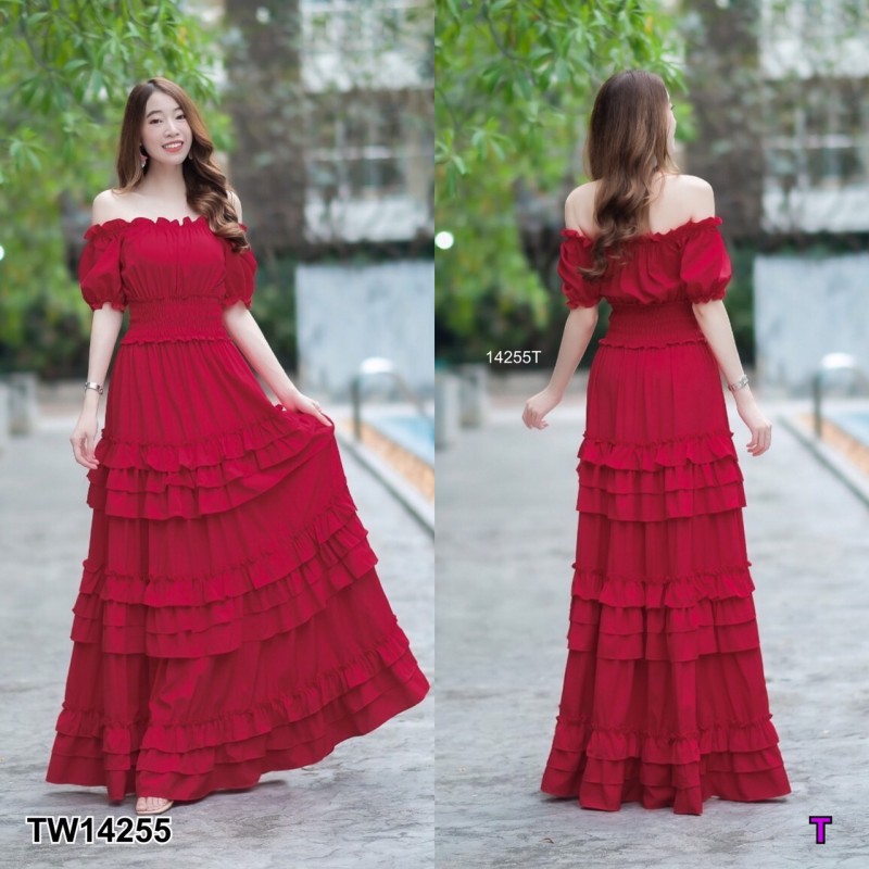 kudapy เดรสยาวสี ขาว ชมพู เหลือง แดง โอรส เปิดไหล่ แขนตุ๊กตา เอวสม็อกรอบ แต่งระบายชั้นๆ ทรงสวยบางระบายเข้ารูป