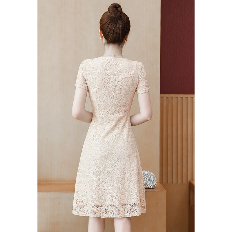 kudapy เดรสสั้นลูกไม้สีครีมเบจ แขนสั้น กระโปรงทรงบานคลุมเข่า แนวเรียบร้อย สวยดูดี ชุดเดรสทำงาน ชุดเดรสออกงาน