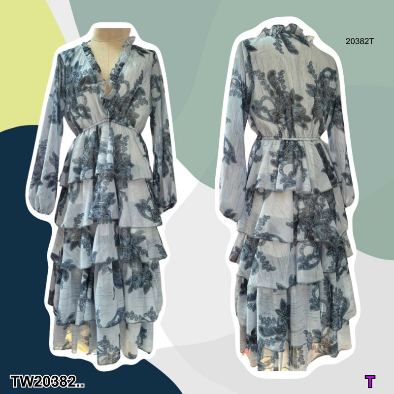 kudapy เดรสยาว คอระบาย กระโปรงระบายชั้นๆ แขนยาว ผ้าชีฟอง ไปทะเล