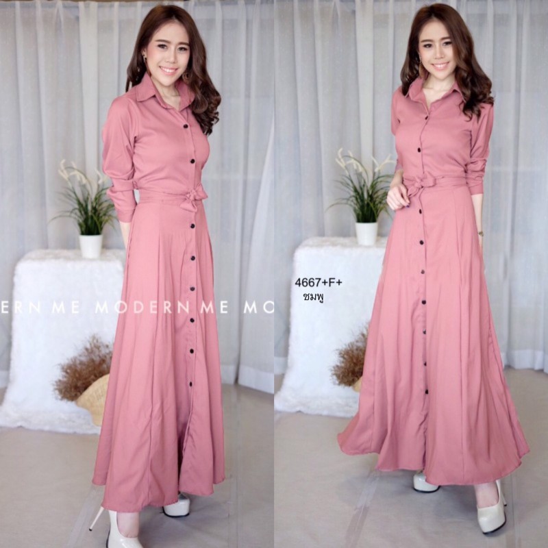 kudapy Maxi Dress แม็กซี่เดรสเชิ้ตแขนยาว สีพื้น งานเชิ้ตแต่งคอปกกระดุมช่วงหน้ายาวข้างเอวเย็บติดสายผูกเอว