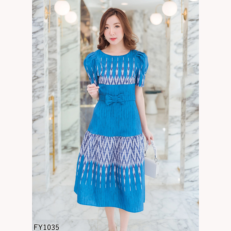 kudapy เดรสผ้าไทยยาวคลุมเข่าสีกรม/สีชมพู คอกลมแขนตุกตา ติดโบว์รัดเอวลายไทยสวยใส่สบายดูดี ซับหลังอย่างดี