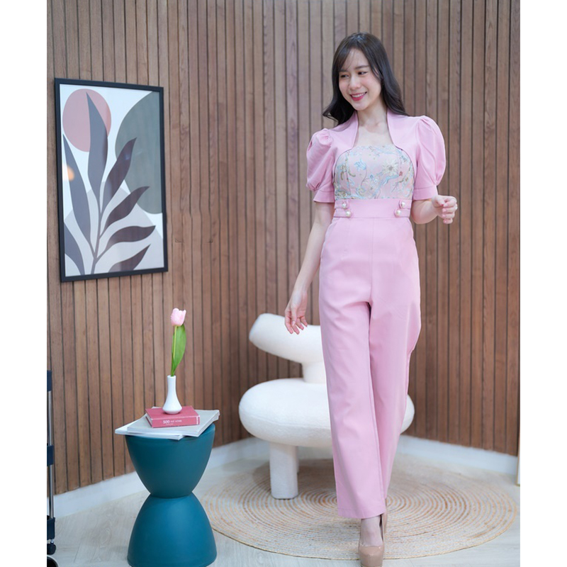 kudapy จั๊มสูทขายาวสีชมพู/สีน้ำตาล อกผ้าทอสวยดูดีใส่ออกงานน่ารักมากๆ