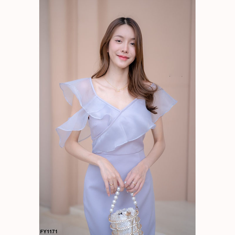 kudapy เดรสสั้ีนสีชมพู/สีเทา เปิดไหล่ระบาย เดรสใส่ออกงาน ใส่ทำงาน เบาสบาย สวยดูดีมาก