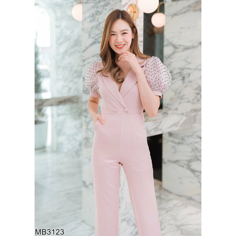 kudapy จั้มสูทขายาวสีเขียว/สีชมพู แขนตุ๊กตาลายจุด ผ้าสวยใส่สบายดูดี