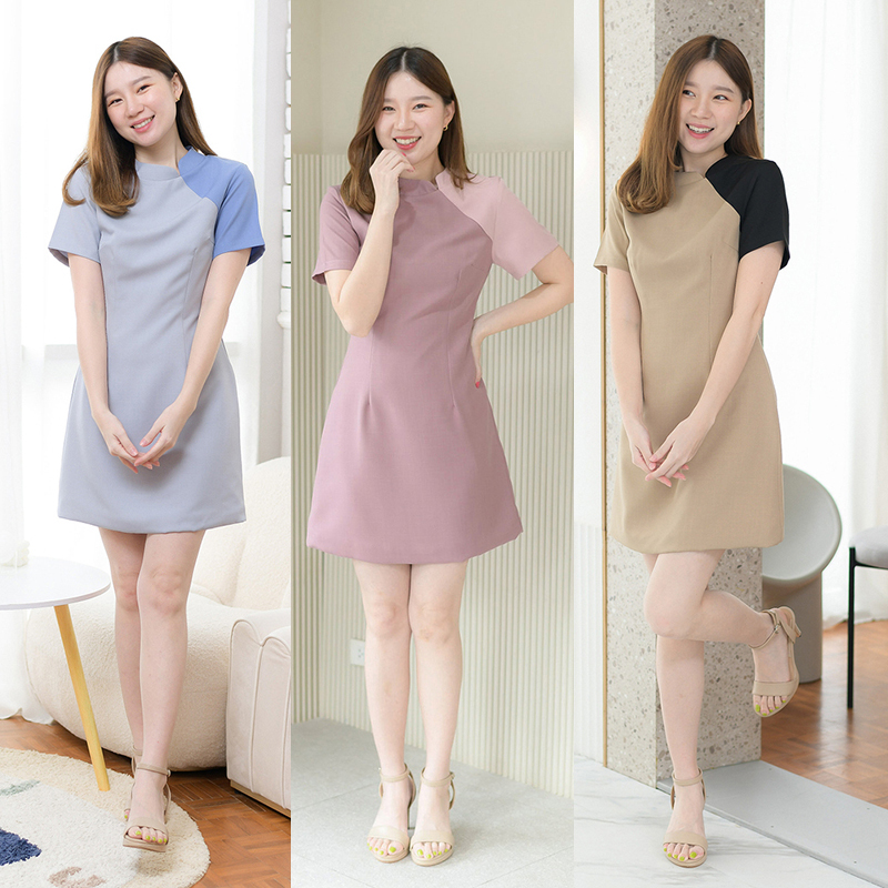 kudapy เดรสแขนสั้นสีฟ้า/สีม่วง/สีเทาฟ้า คอจีน ดีไซน์ตัดต่อไหล่ซ้ายเล่นสีตัดกับชุด แพทเทิร์นจับเกล็ดเข้ารูป