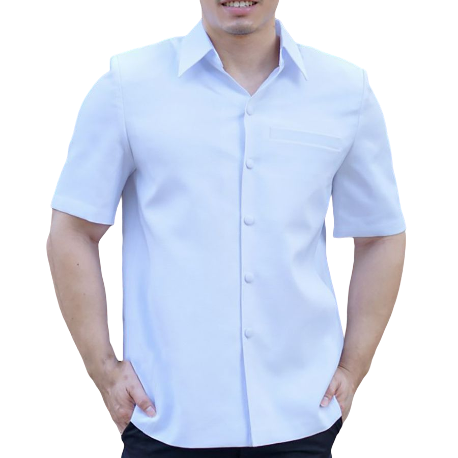 kudapy เสื้อผ้าไหมคอปก เสื้อผู้ชายคอพระราชทาน ผ่าหน้า แขนสั้น มีกระเป๋าด้านซ้ายบน (อัดผ้ากาว มีฟองน้ำเสริมไหล่)