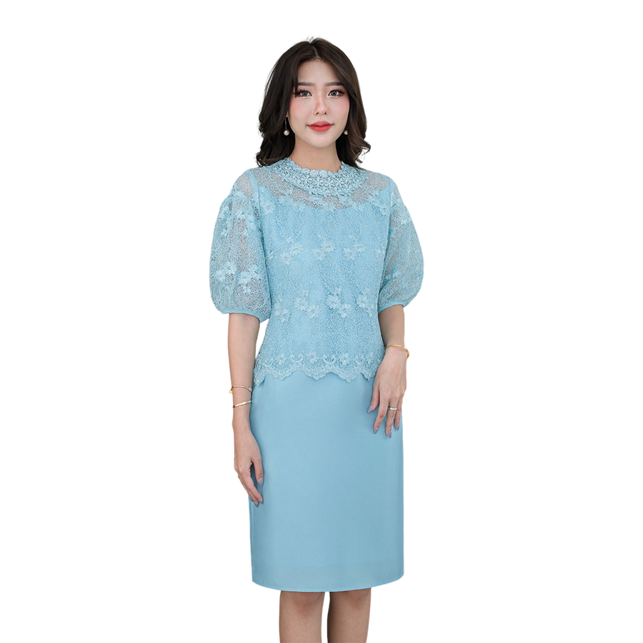 kudapy เดรสสั้นแขนกระดิ่งพองสีชมพู สีฟ้า ลูกไม้+ผ้าไหมทรงเอ ใส่สบายไม่ร้อย ทรงสวยงานมากค่ะ