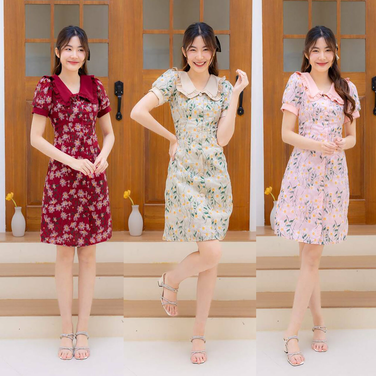 kudapy เดรสสั้นสีแดง/สีชมพู/สีครีม ผ้าเดซี่คอบัวปักดอก