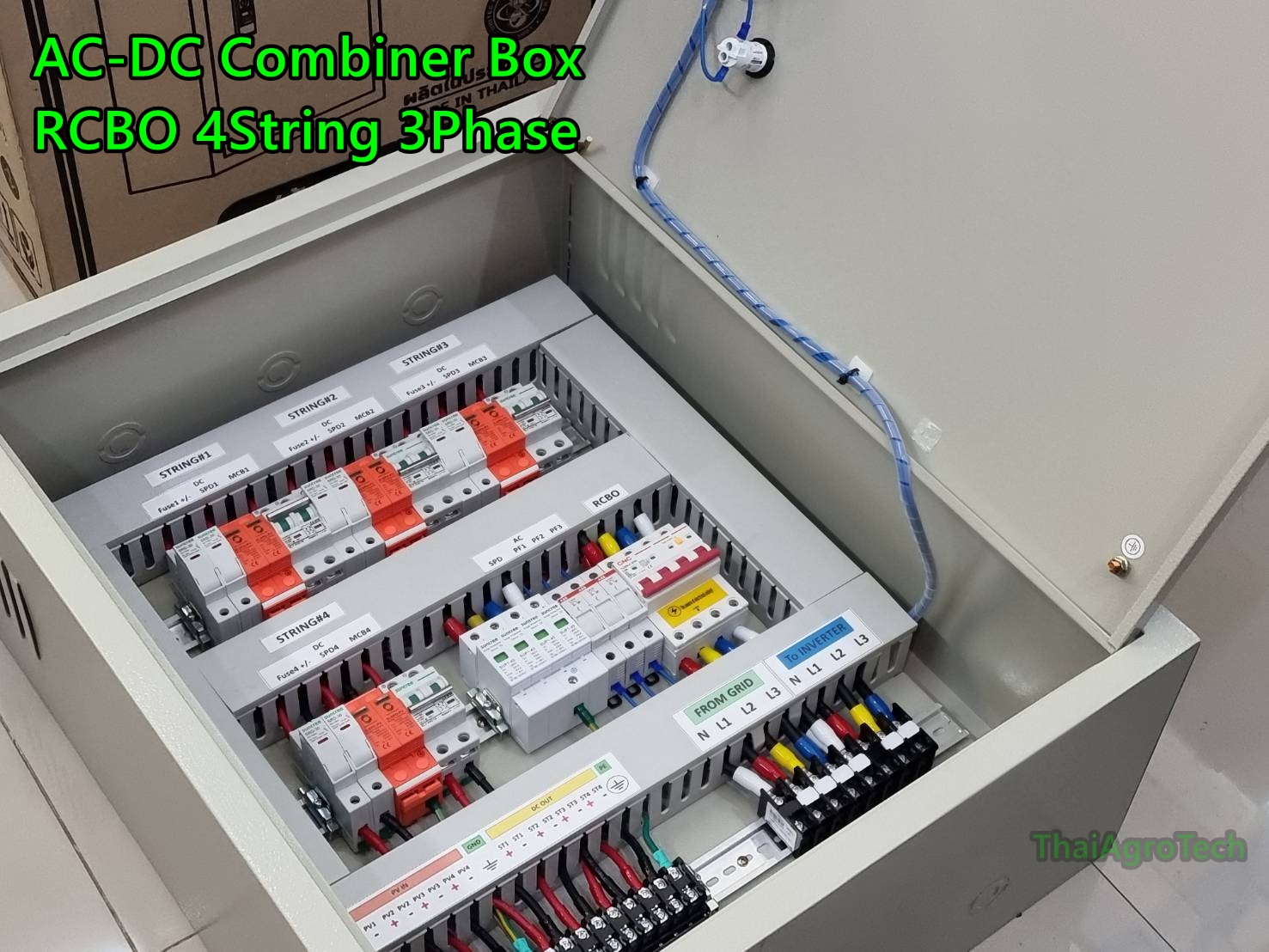 ตู้ AC-DC combiner ใช้กับงานติดตั้งระบบโซล่าเซลล์ แบบ 4 สตริง 20-40กิโลวัตต์ 3เฟส พร้อมเบรคเกอร์กันไฟดูด RCBO AC-DC Combiner Box RCBO 4String 3Ph