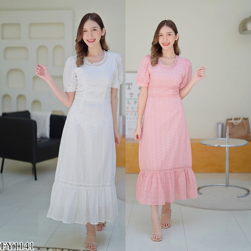 kudapy เดรสยาวสีขาว/สีชมพู เดรสออกงานผ้าฉลุแขนตุ๊กตา ใส่สบายสวยดูดีมากๆ