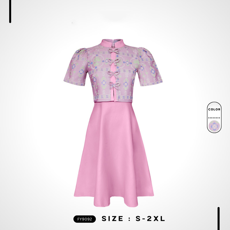 kudapy เดรสสั้นสีชมพู/สีม่วง เสื้อคอจีนแขนตุ๊กตากระดุมโบว์