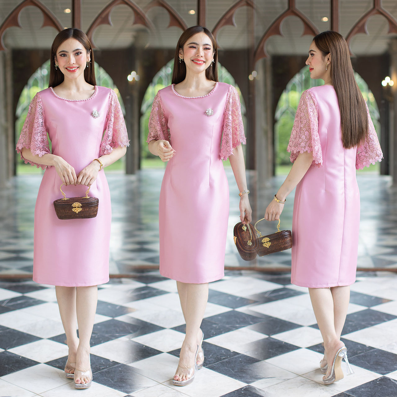 kudapy เดรสสั้นสีดำ/สีชมพู/สีทอง ผ้าไหมตัดแต่งลูกไม้ช่วงแขน ช่องคอใช้มุกโทนสีเดียวกันกับเนื้อผ้า