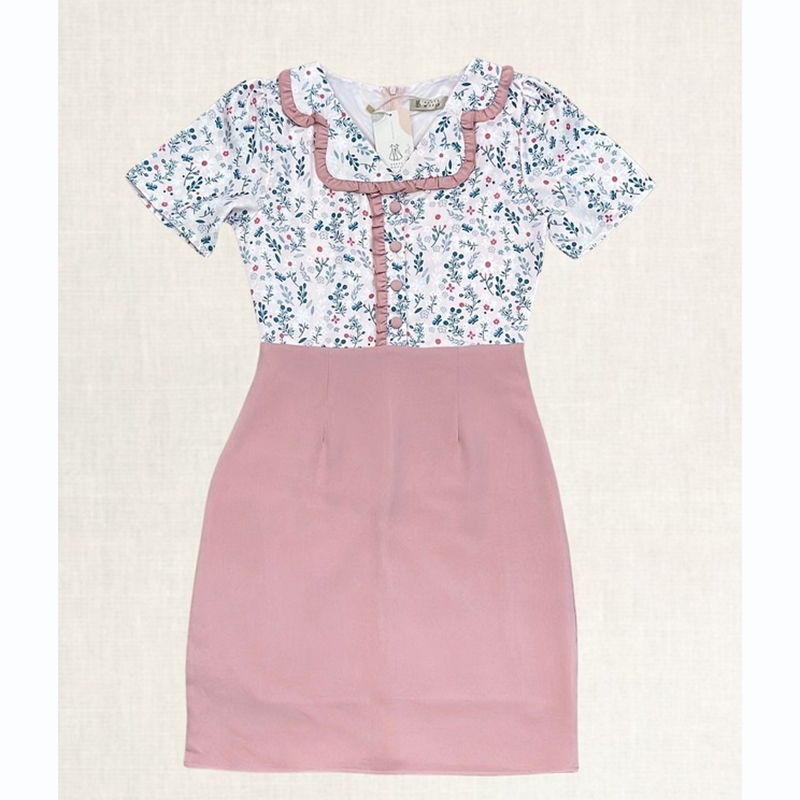 kudapy เดรสสั้นสีเขียว/สีชมพู/สีกรม คอบัวลายดอก ใส่สบายสวยดูดี