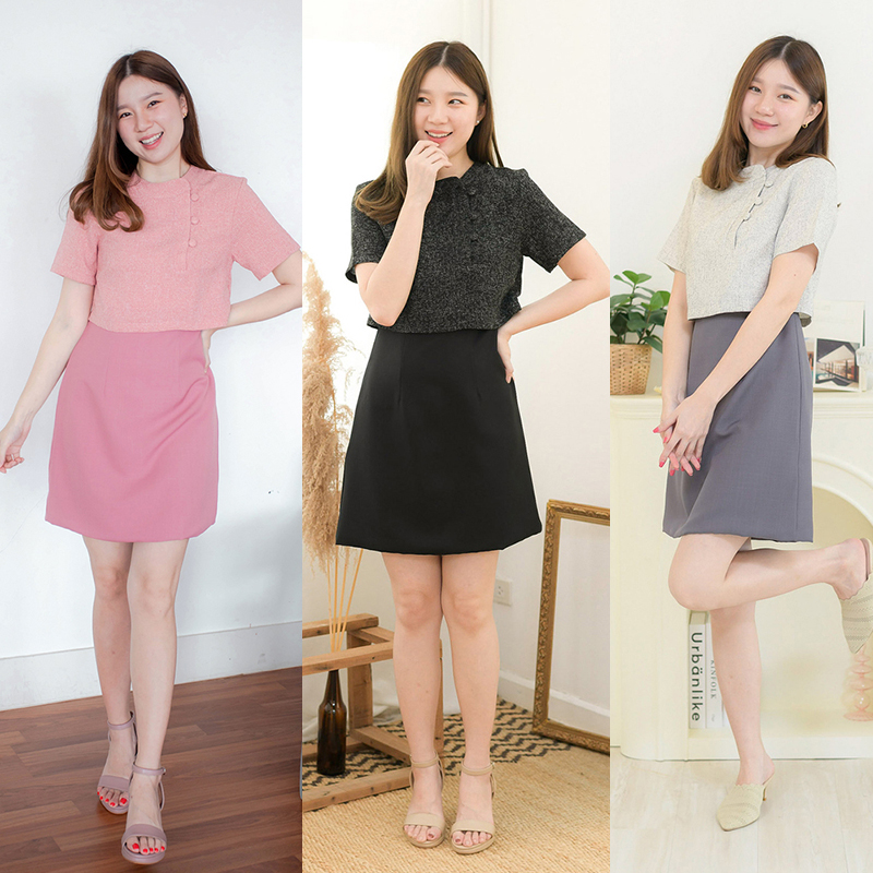 kudapy เดรสสั้นสีดำ/สีเทาเข้ม/สีชมพู สีกรมท่า ทรงเอ ซิปหลังใส่ง่าย ตัวเสื้อผ้าชาแนล คอจีนติดกระดุมปั๊มสามารถแกะได้จริง