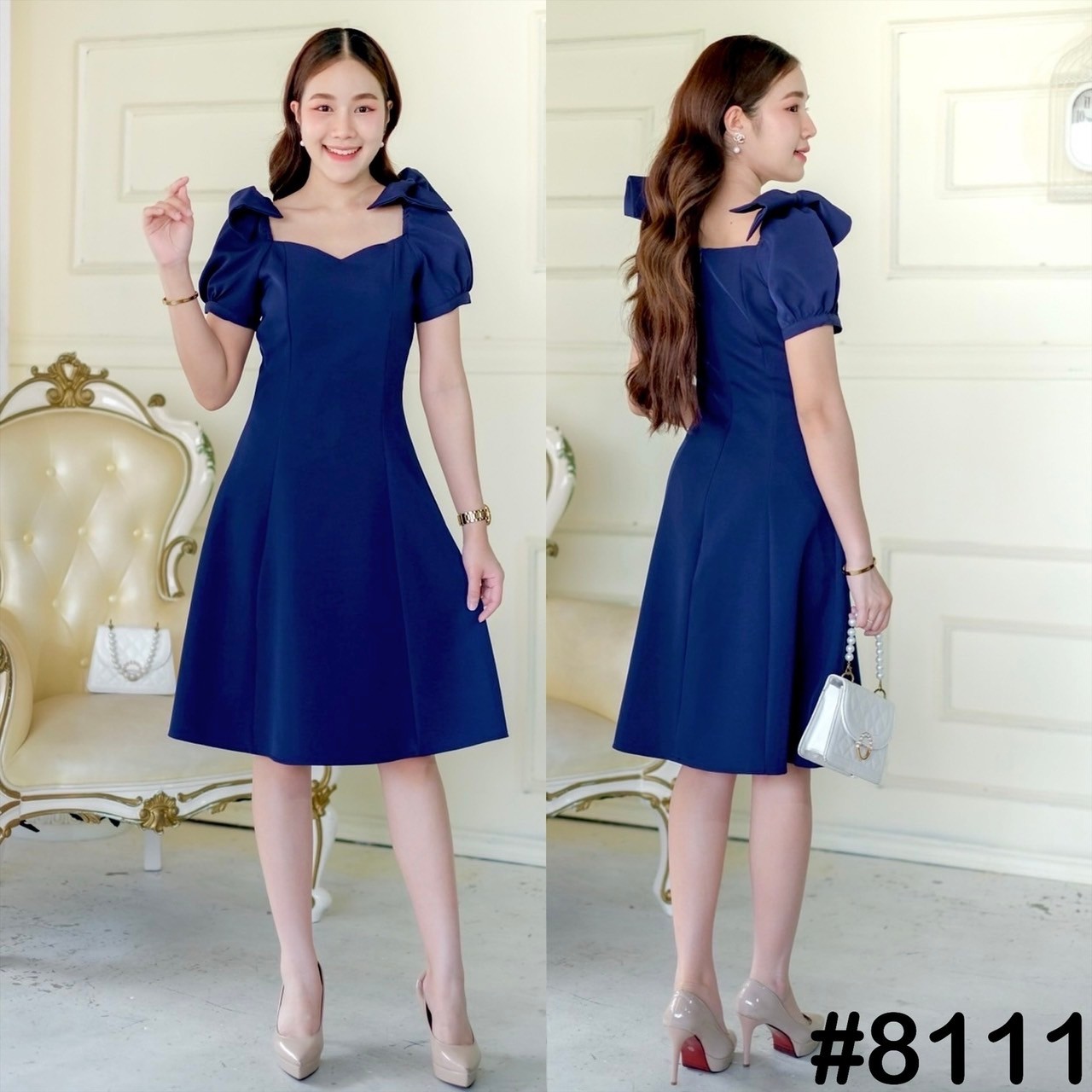 kudapy เดรสสั้นสีกรม/สีม่วง แขนตุ๊กตา ดีเทลบ่าโบว์ ทรงอกหัวใจ ปิดหัวไหล่ โบว์ปกบ่า เปิดหัวไหล่ โชว์โบว์