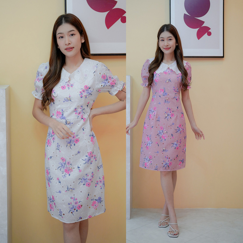 kudapy เดรสสั้นสีชมพู/สีขาว ลายดอกปกลูกไม้
