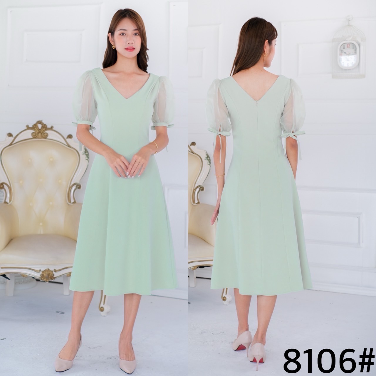 kudapy เดรสสั้นไปงานคอวีสีครีม สีขาว สีชมพู สีส้มอิฐ แขนตุ๊กตาผ้าแก้ว แต่งโบว์แขนเล็ เอวสูง ชายปล่อบทรง