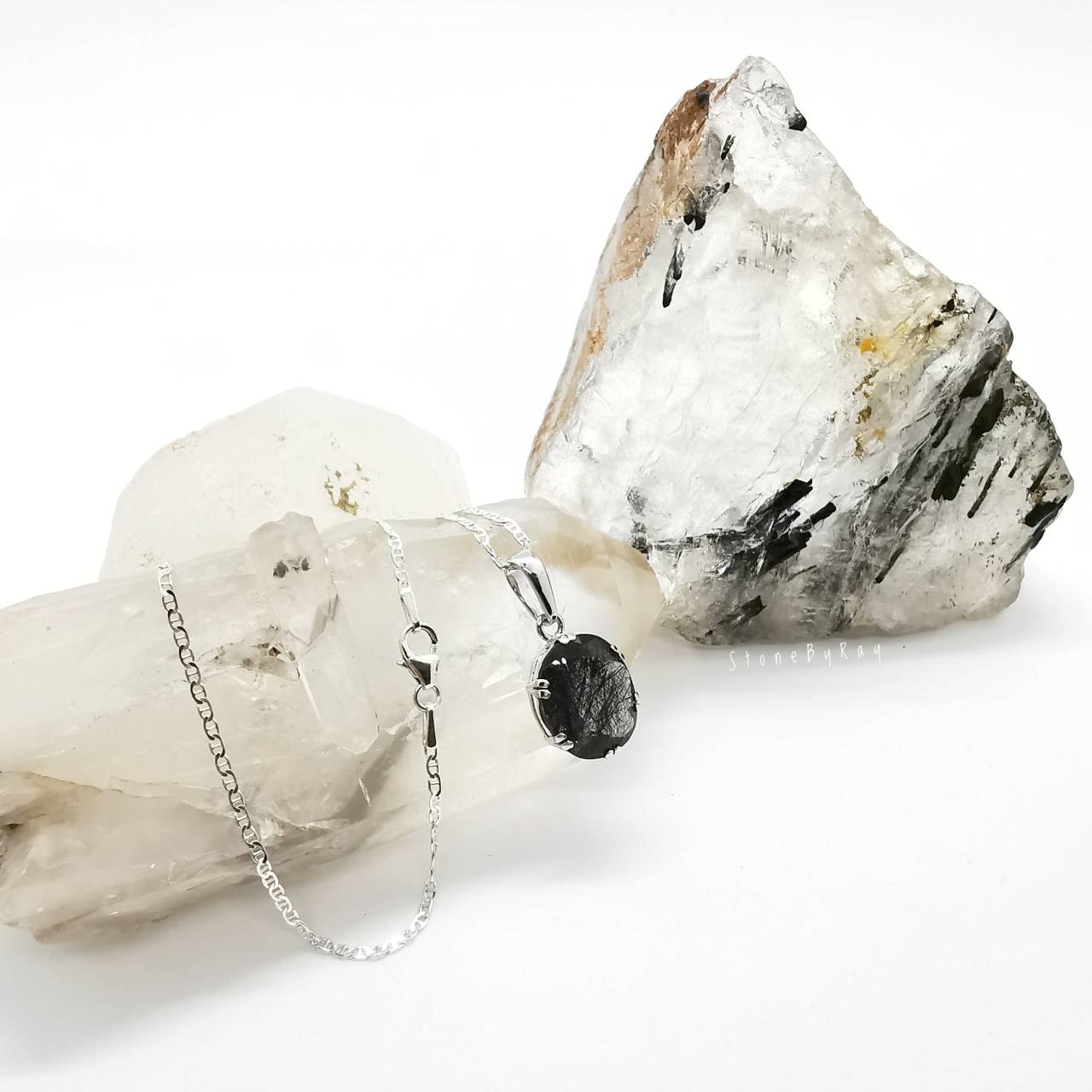สร้อยคอเงินจี้หินไหมดำ Black Tourmaline Quartz