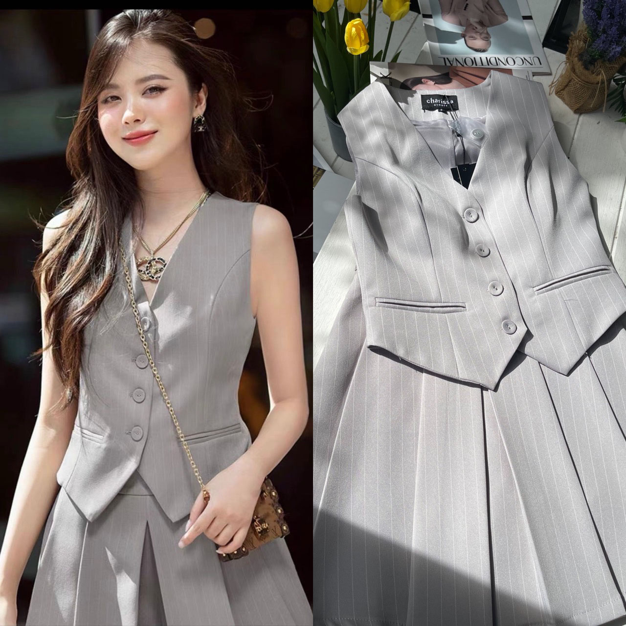 kudapy set เสื้อ vest มาพร้อมกับกระโปรงจับจีบ(ซับในเป็นกางเกง) ตัวเสื้อมีซับในทั้งตัว เสื้อมีฟองน้ำ กระโปรงเป็นซิปข้าง