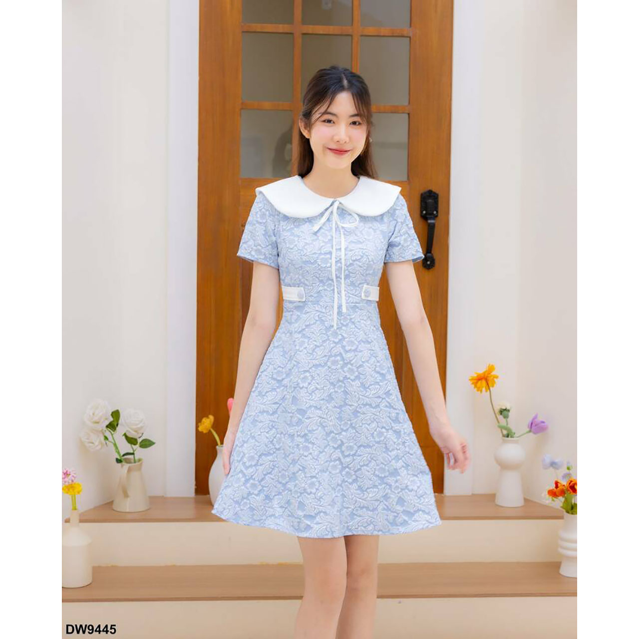 kudapy เดรสสั้นสีชมพู สีน้ำตาล สีฟ้า คอปกแจคกาดคาดเอว