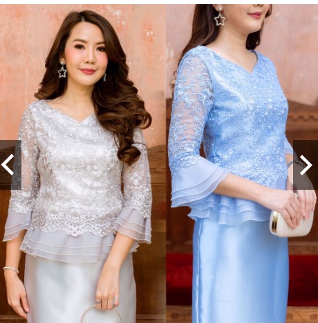 kudapy ชุดเซตออกงานไทยประยุกต์สีเทาเงิน/สีฟ้า/สีชมพู/สีทอง/สีโอรส เสื้อเนื้อลูกไม้ใยบวบปักกริ้ตเตอร์แขนระบายผ้าแก้ว+กระโปรงยาวเนื้อเงางา
