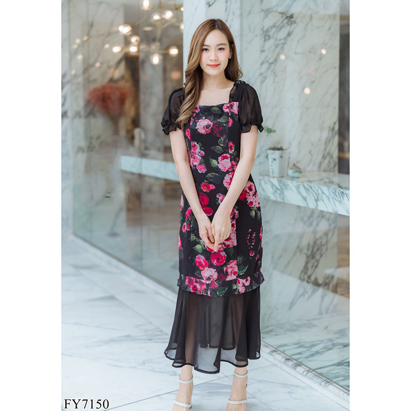 kudapy เดรสยาวสีชมพู/สีดำ แขนจั๊มลายกุหลาบชีฟอง ใส่ออกงานใส่เที่ยว เนื้อผ้าเบาสวยดูดีมากๆ