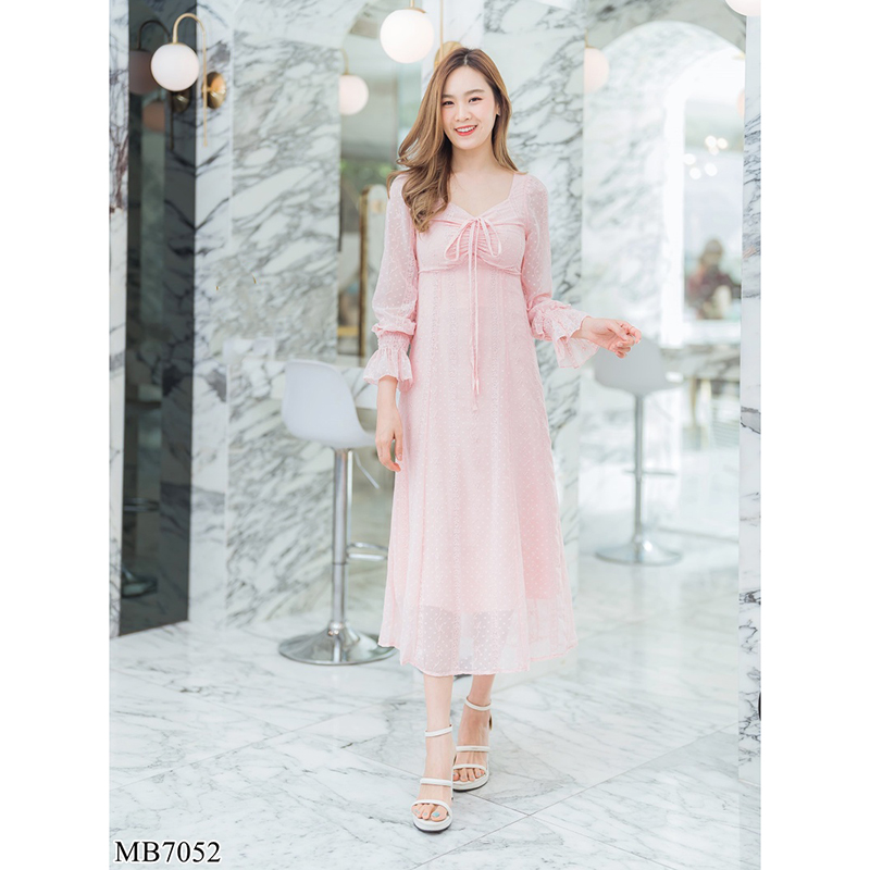 kudapy เดรสยาวสีกรม/สีขาว/สีชมพู แขนยาวลูกไม้ซีทรู สวยดูดีใส่สบายตัว