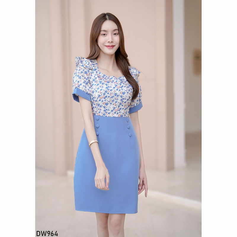 kudapy เดรสสั้นสีม่วง/สีชมพู/สีคราม แขนสั้นลายดอกมีกระดุม