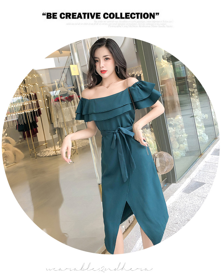 เดรสออกงานผ้าโพลีเอสเตอร์ผสมสีเขียวเข้ม ใส่ได้หลากหลายแบบ ทั้งแบบปกติ แบบไหล่ป้าน