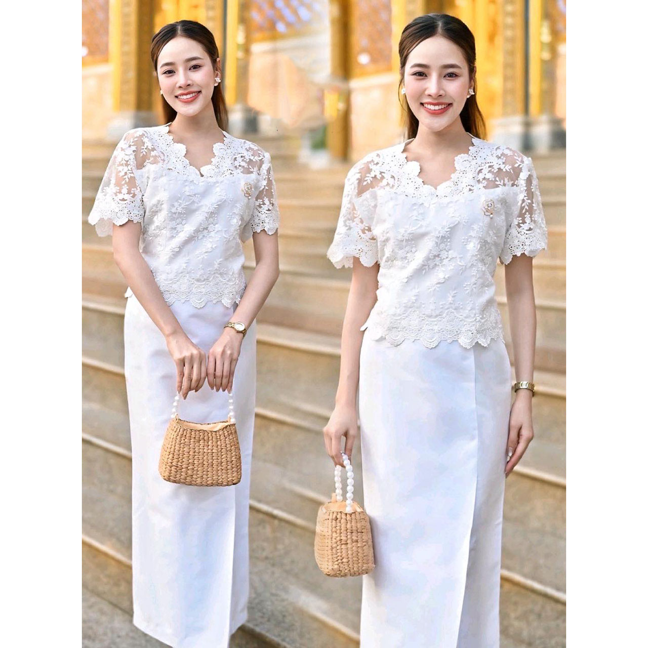kudapy ชุดเซ็ทเสื้อลูกไม้สีขาวบุหงาพรีเมี่ยม+ ผ้าถุงสำเร็จทอลายอัดกาวอบน้ำยา