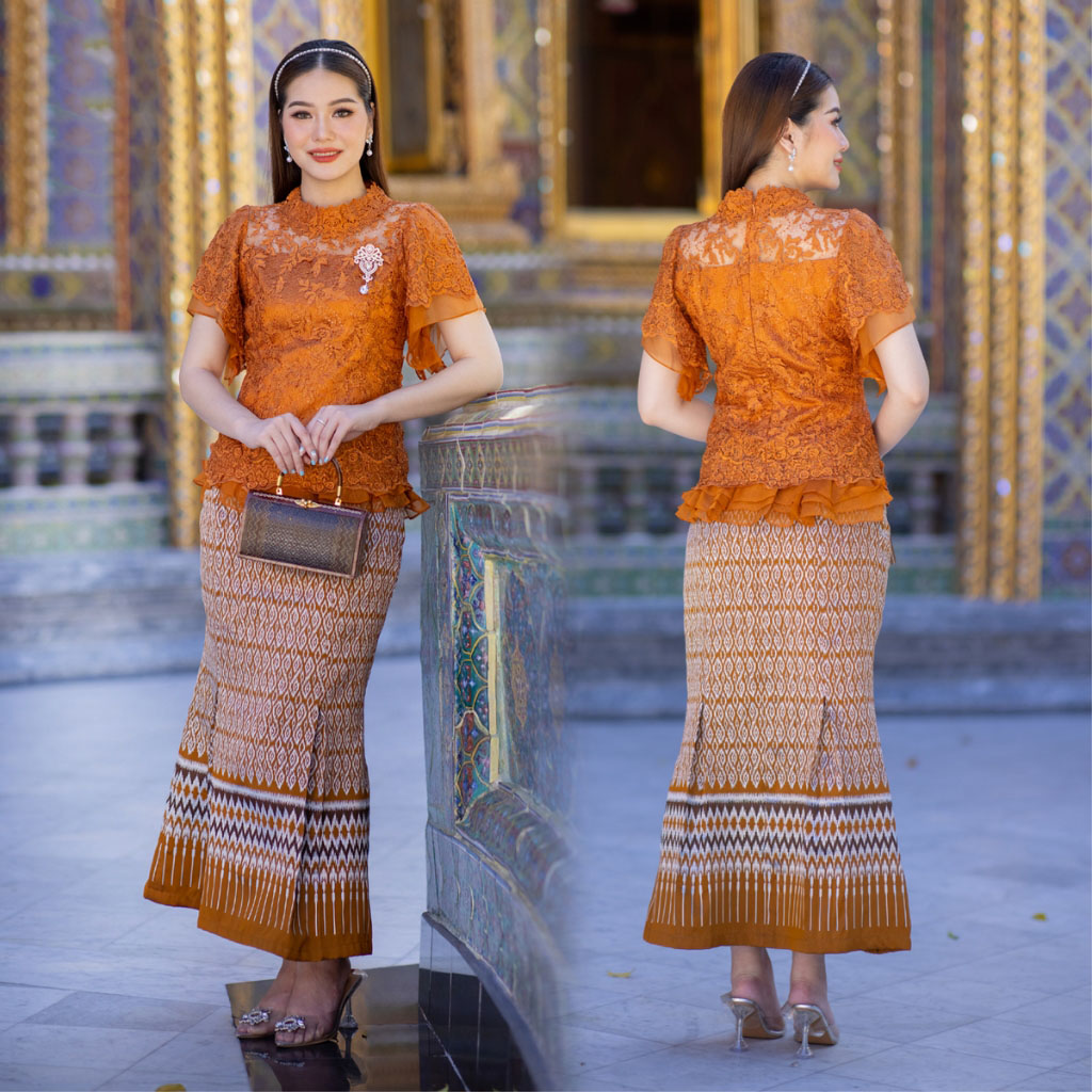 kudapy ชุดเซตเสื้อลูกไม้สีส้ม+กระโปรงทรงหางปลา ผ้าถุง ผ้าไหมแพรวากาฬสินธุ์