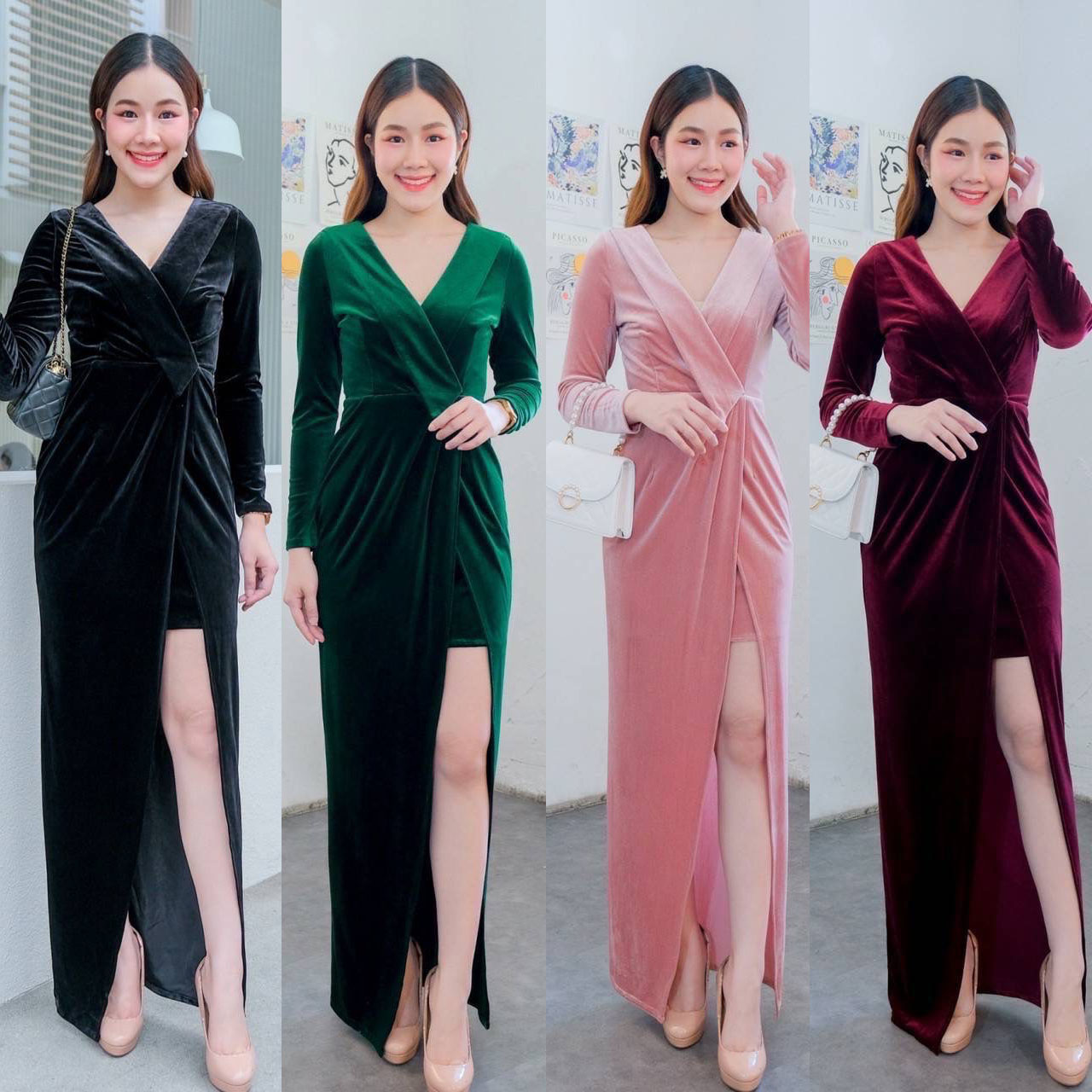 kudapy เดรสยาวสีชมพูโอรส/สีเขียวเข้ม/สีนำ้เงิน/สีแดง กำมะหยี่ คอปก แขนยาว เข้ารูป ดีเทลกระโปรงสั้นด้านใน กำมะหยี่หนาเก็บทรง