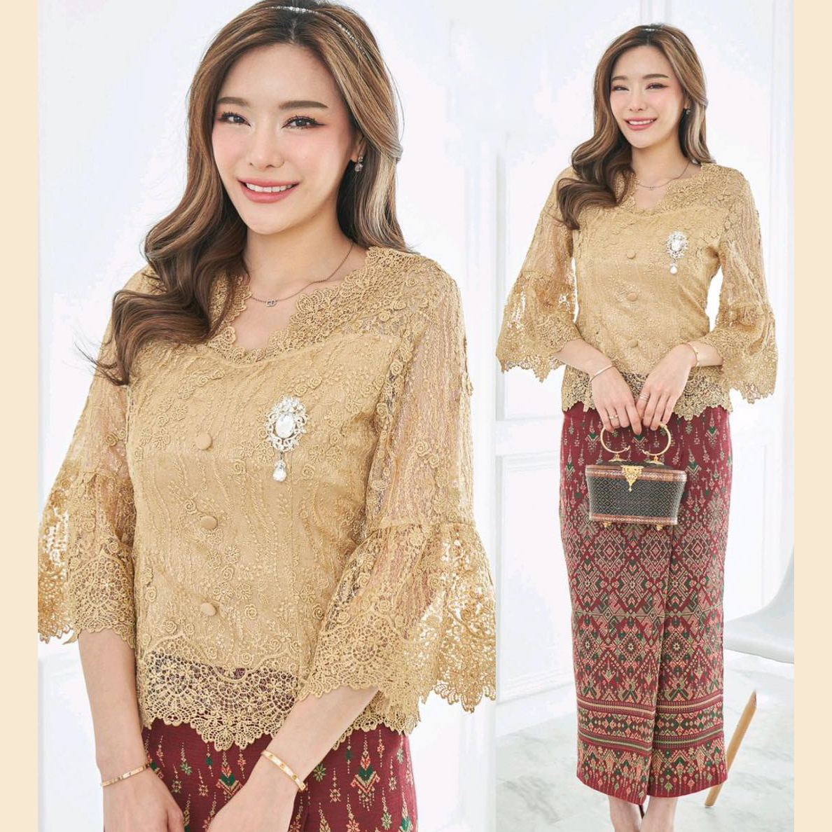 kudapy เซต 2 ชิ้น เสื้อลูกไม้คอวีแขนกระดิ่ง+ผ้าถุงทอลายสีแดงตามแบบ