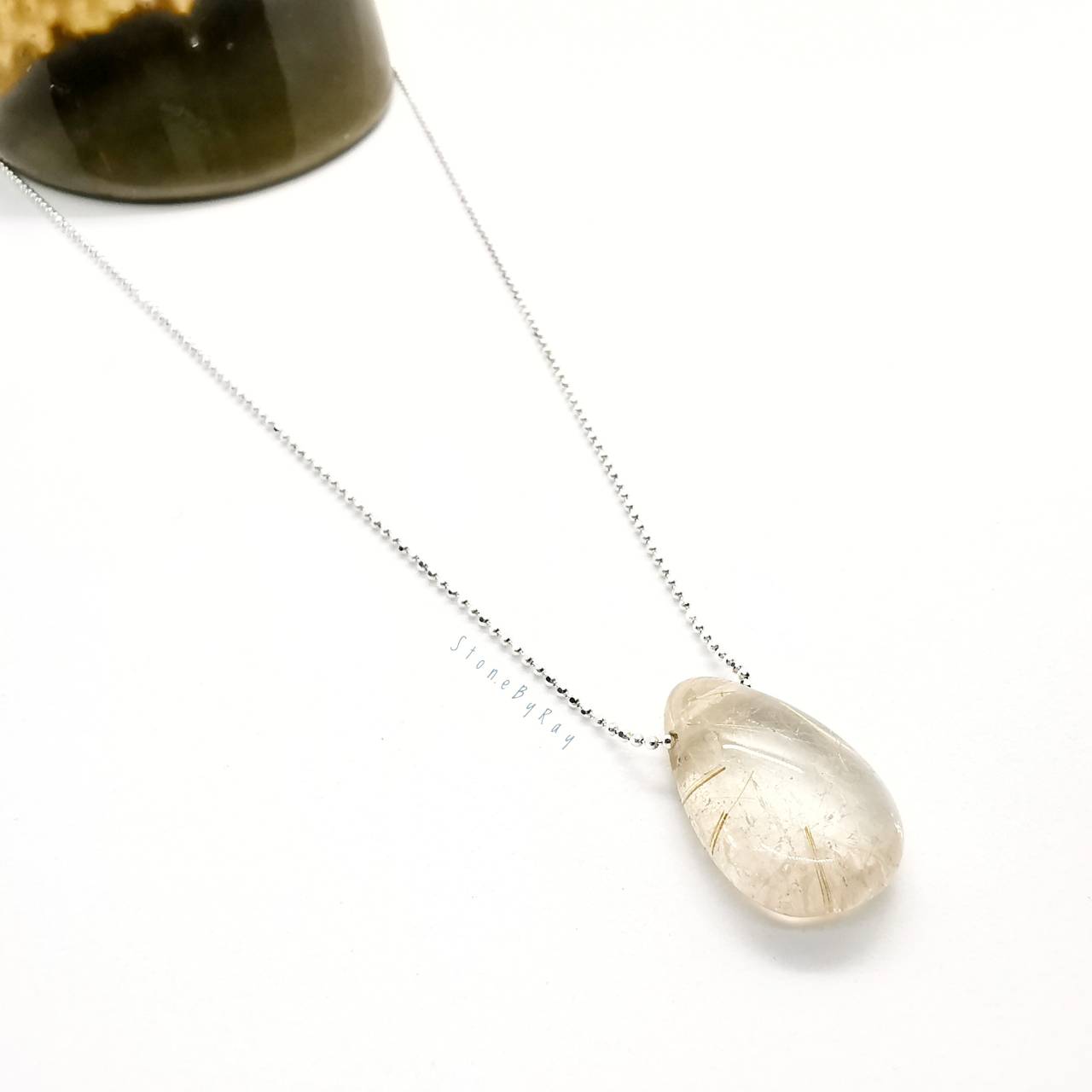 สร้อยคอเงินจี้หินไหมทองเจียรทรงหยดน้ำ Rutilated Quartz