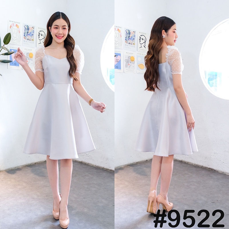 kudapy เดรสสั้นสีขาว ทอง แดง ชมพู กรม เทาเงิน ผ้าแก้วแขนตุ๊กตา