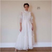 kudapy แม็กซี่เดรสลูกไม้สีขาว/สีชมพู แขนยาว แขนระบาย 2 ชั้น กระโปรงทรงทิ้งตัว เย็บซับด้านใน เจ้าหญิงมากค่ะชุดนี้