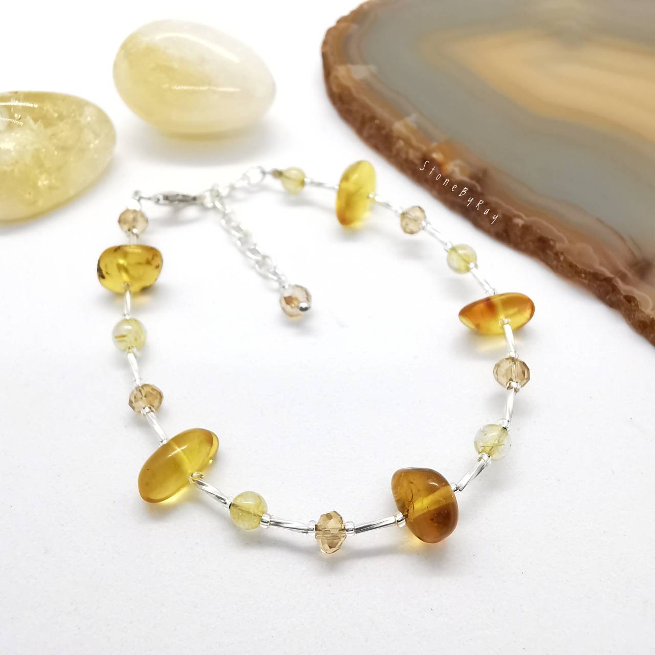 สร้อยข้อมือเงินหินไหมทองกับอำพันแท้ Rutilated Quartz+Amber