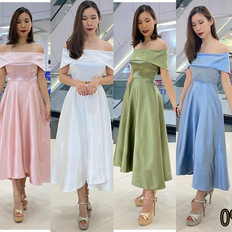 kudapy kudapy เดรสเปิดบ่า พับอก หน้าสั้นหลังยาวสีเขียวอมเทา ฟ้า ขาว ชมพู อัดกาวเก็บทรงสวย สามารถยืดหยุ่นได้