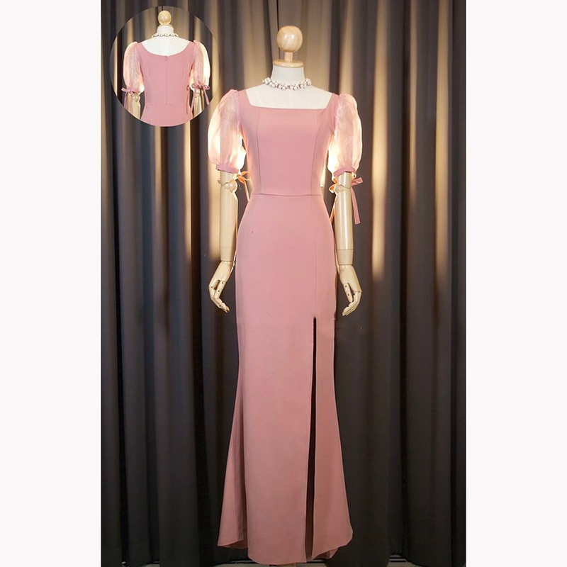 kudapy เดรสยาวออกงานสีครีมงาช้าง/เขียวพิตาชิโอ้/ชมพูอ่อน/ชมพูเข้ม/กรมท่า คอเหลี่ยม แขนตุ๊กตา ผูกโบว์ปรับขยายไซส์แขนได้ หรือ ดึงไหล่ลงแบบเปิดบ่า กระโปรงหางปลา