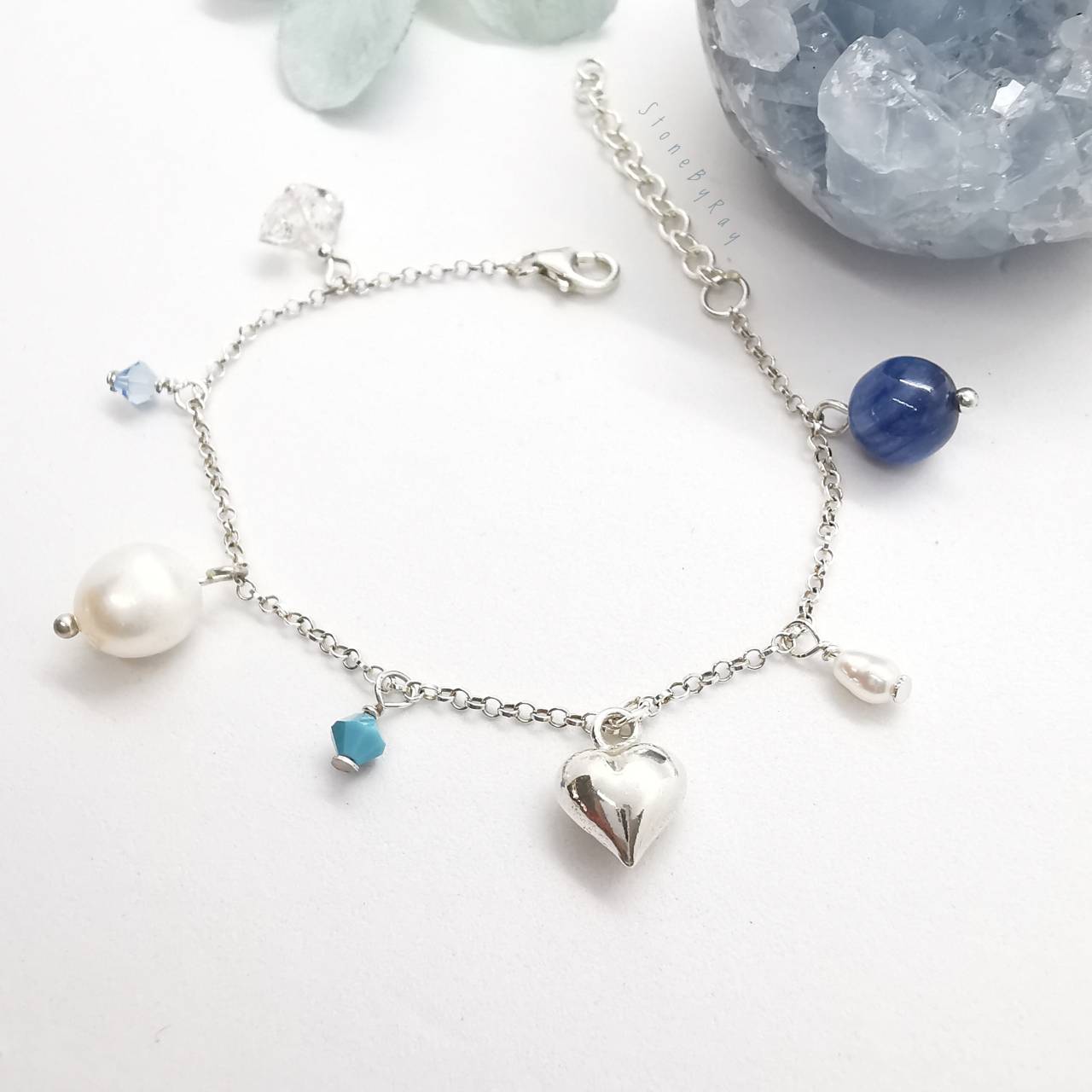 สร้อยข้อมือเงินหินไคยาไนท์+ไข่มุก+คริสตัลเฮอร์คิเมอร์ Kyanite+Pearl+Herkimer Diamond