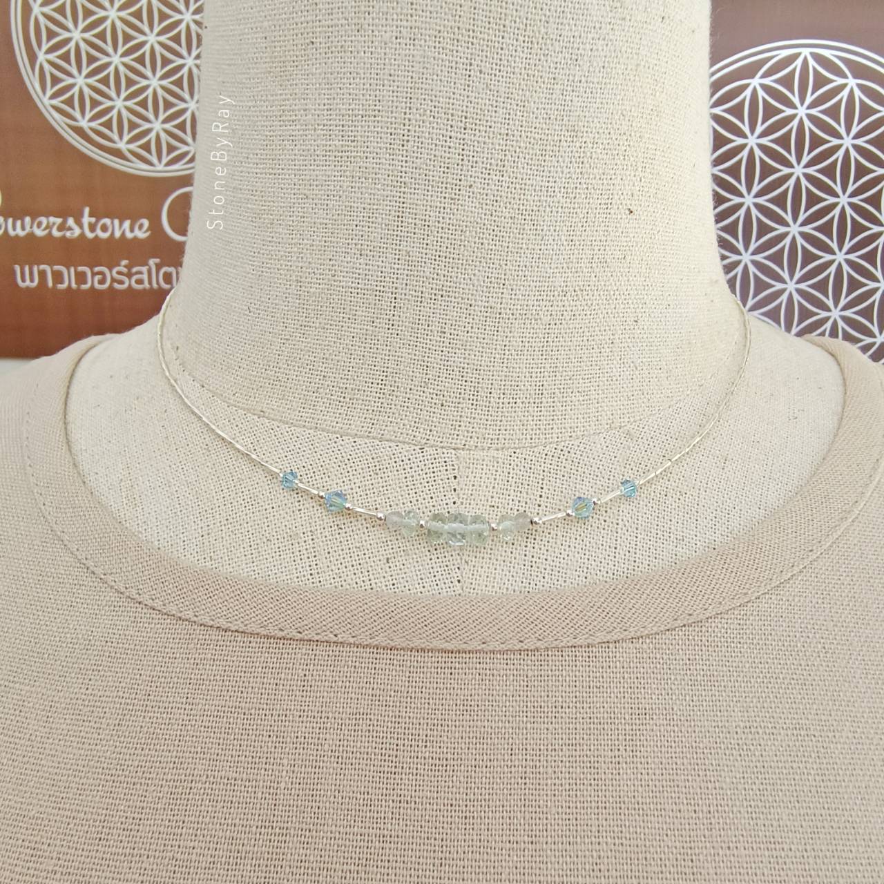 Setสร้อยคอเงินหินอความารีนเจียรเหลี่ยม Aquamarine