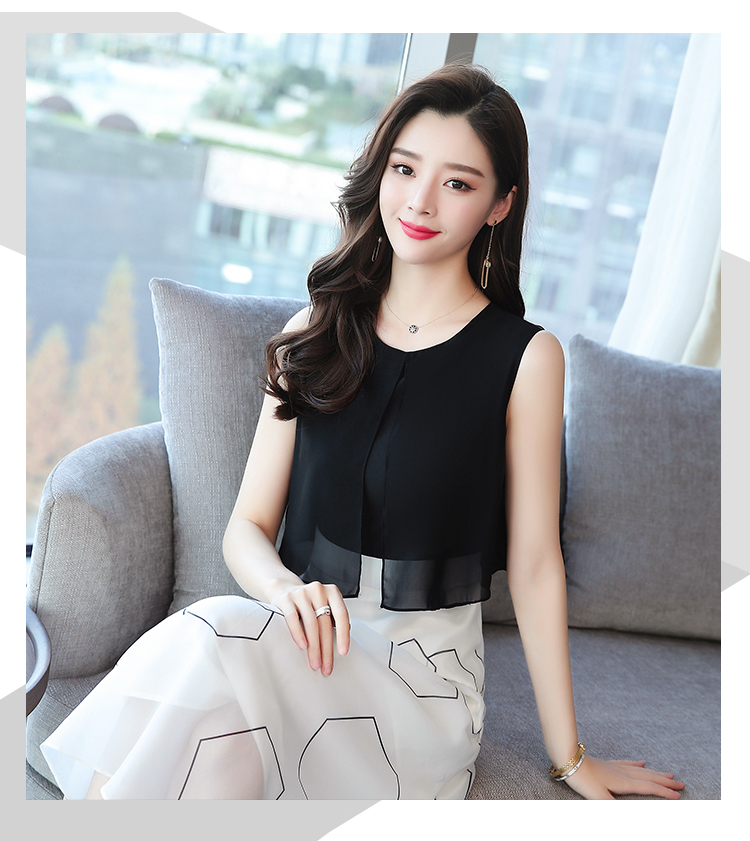 เดรสยาว แขนกุด เสื้อผ้าชีฟองสีดำ 2 ชั้น กระโปรงผ้าไหมแก้ว organza สีขาว พิมพ์ลายรูปหกเหลี่ยมสีดำ