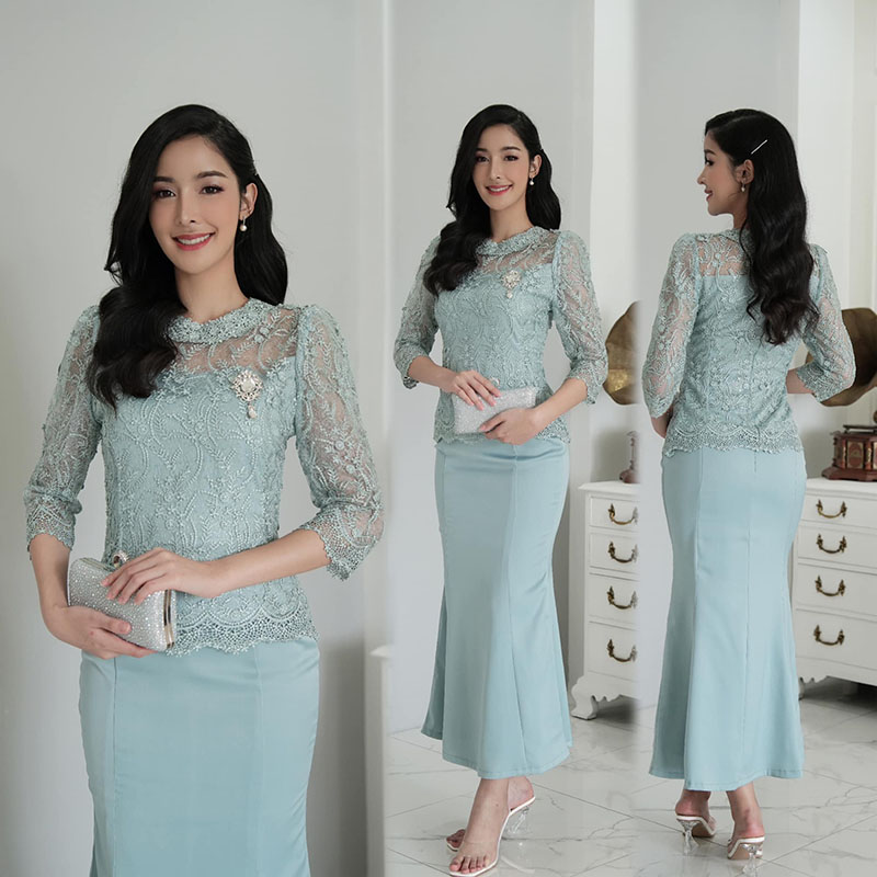 kudapy set เสื้อลูกไม้สีเขียวมินท์/สีชมพูกลีบบัว ผ้าลูกไม้ใยบวบ+กระหางปลางานผ้าวาเลนติดโน่