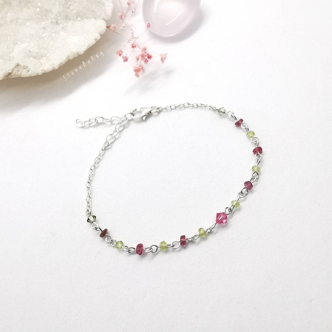 สร้อยข้อมือเงินหินทัวมาลีน+เพอริดอท Tourmaline+Peridot