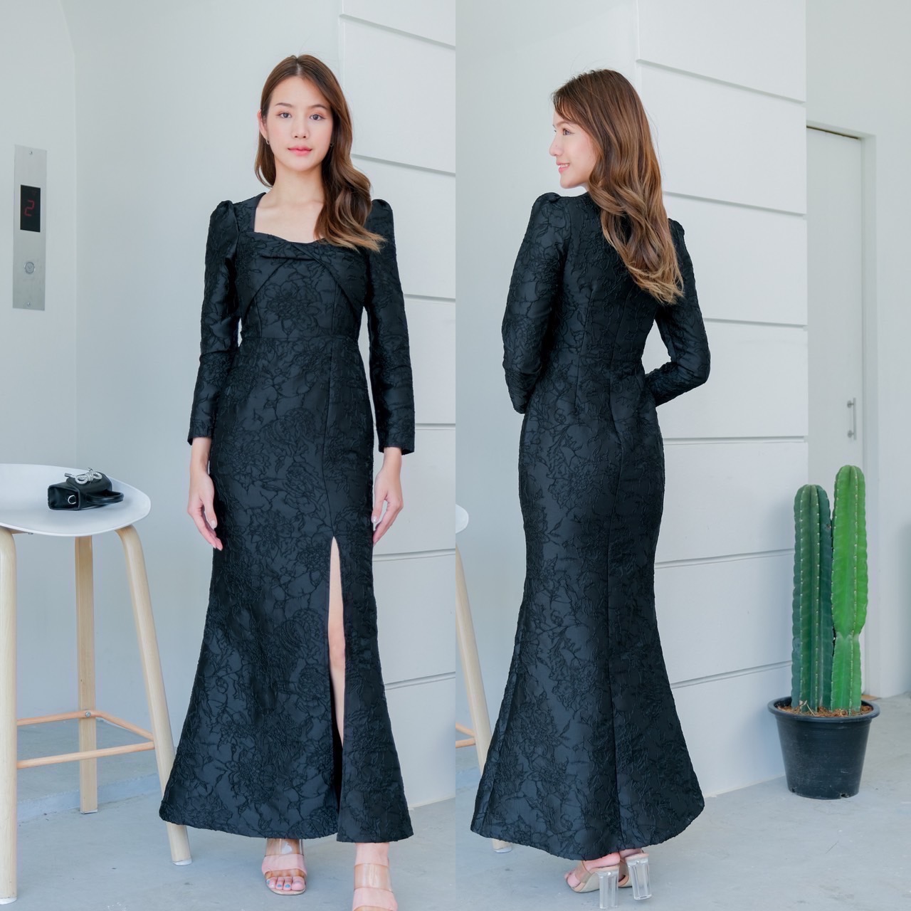 kudapy เดรสยาวสีดำ/สีแดง/สีชมพู/สีทอง/สีฟ้า/สีกรม คอเหลี่ยม ดีไซส์ทวิสอกแขนยาว กระโปรงทรงหางปลา ซิบหลังเนื้อผ้าทอลายนูน