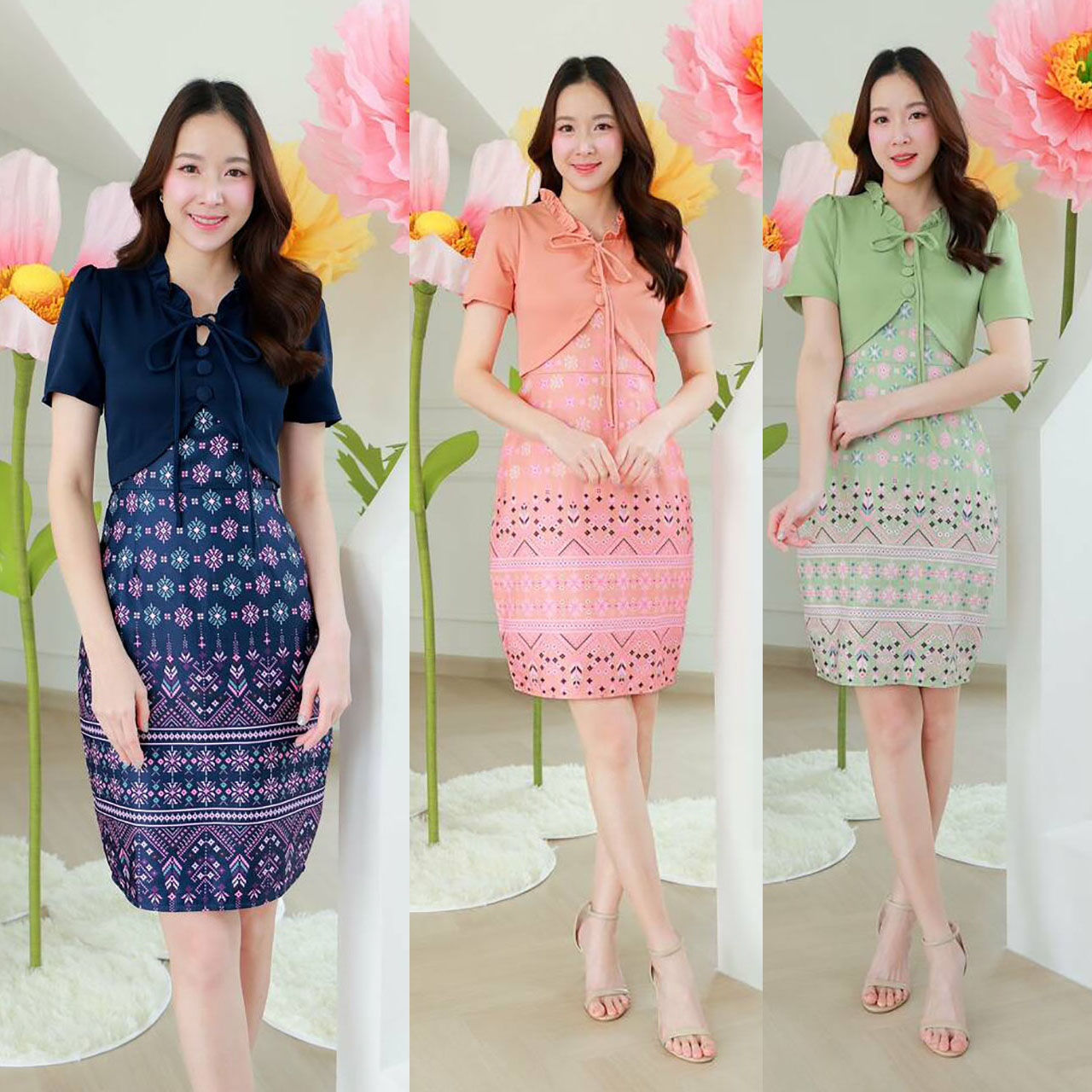 kudapy เดรสสั้น กั๊กเข้ารูปกระโปรงลายไทย ผ้าใส่สบายสวยดูดี