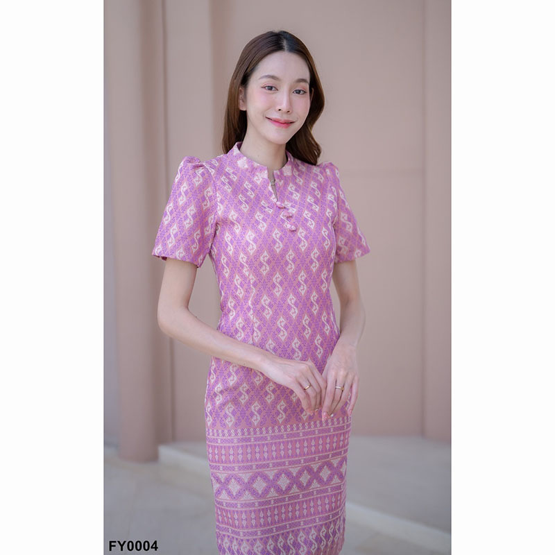 kudapy เดรสสั้นสีเทา/สีกรม/สีชมพู ผ้าไทยคอปีนลายขอ