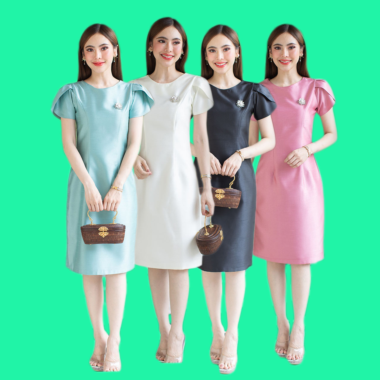 kudapy เดรสสั้นสีชมพู/สีเขียวอ่อน/สีดำ/สีขาว เดรสผ้าไหม 4 เส้น เนื้อผ้าอย่างดี อัดกาวทั้งตัว ทรงสวย