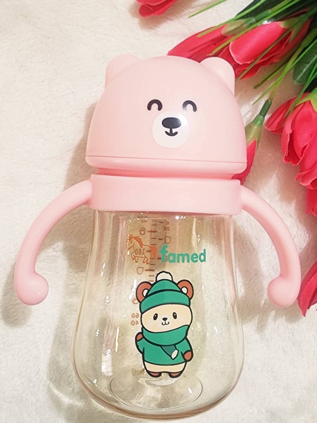 ขวดนมสีชา PPSU famed little bear คอกว้าง 8ออนซ์ พร้อมแขนจับ และจุกนม